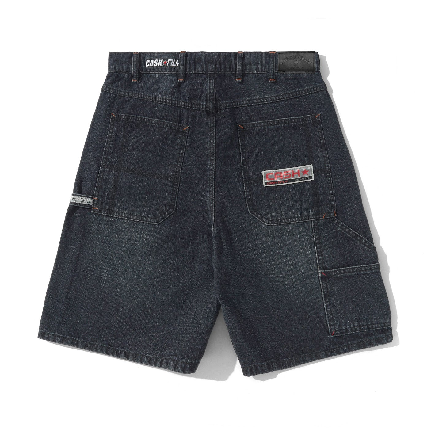 Dark blue denim shorts with brand logos on a white background