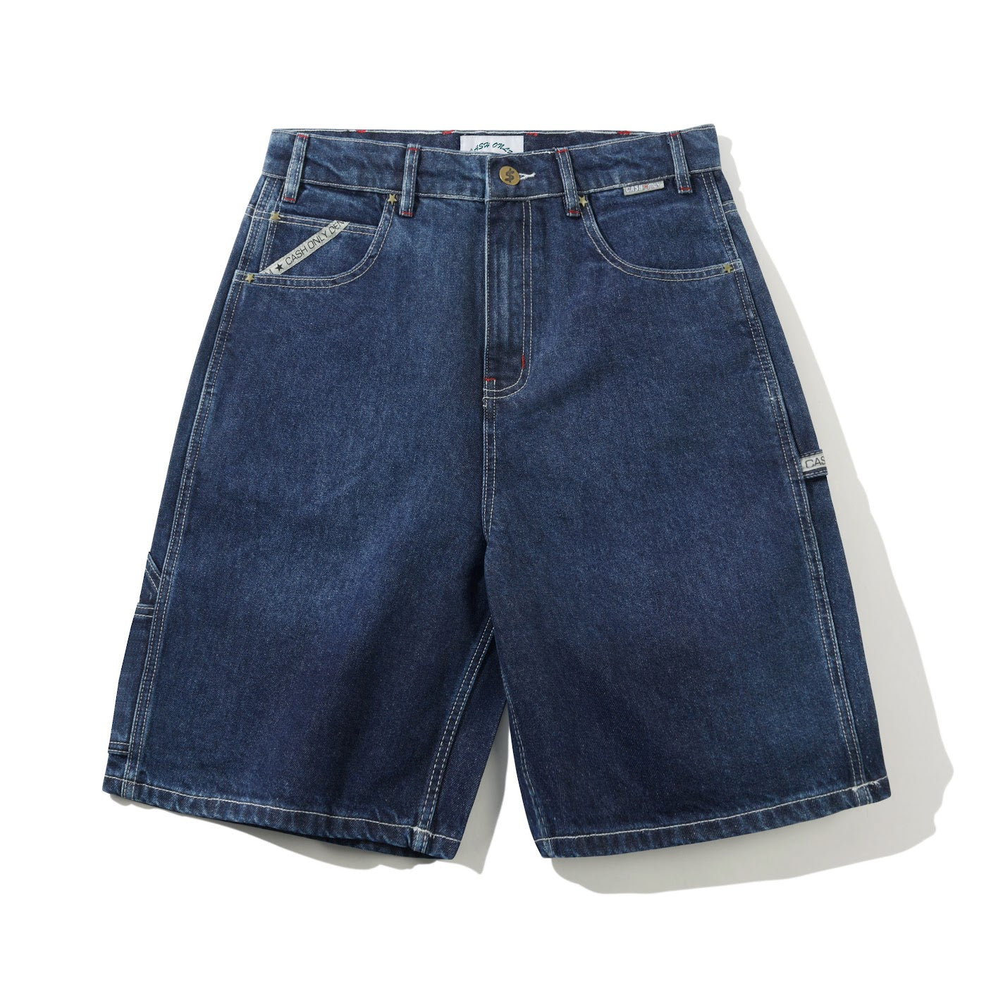Blue denim shorts on a white background