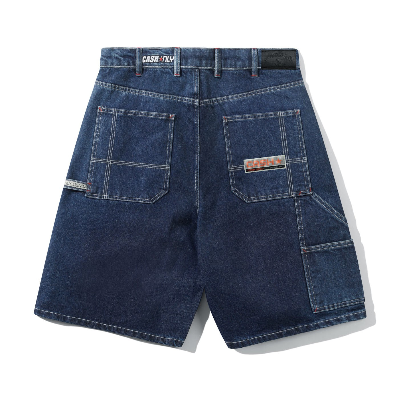 Blue denim shorts with brand logo on a white background
