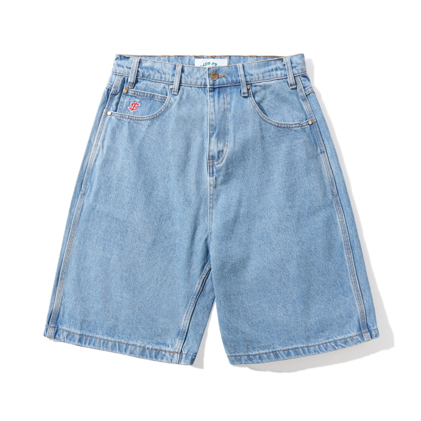 Light blue denim shorts on a white background