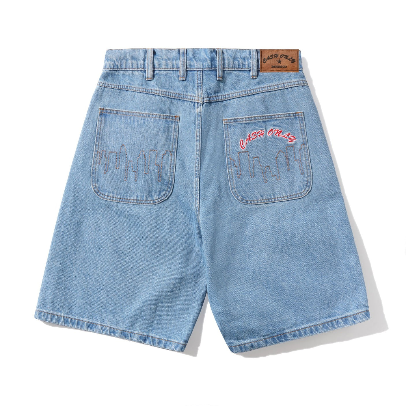 Light blue denim shorts with branding on a white background
