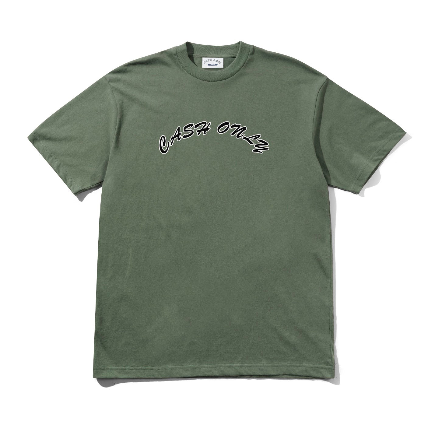 Green t-shirt with 'CASH ONly' text on a white background