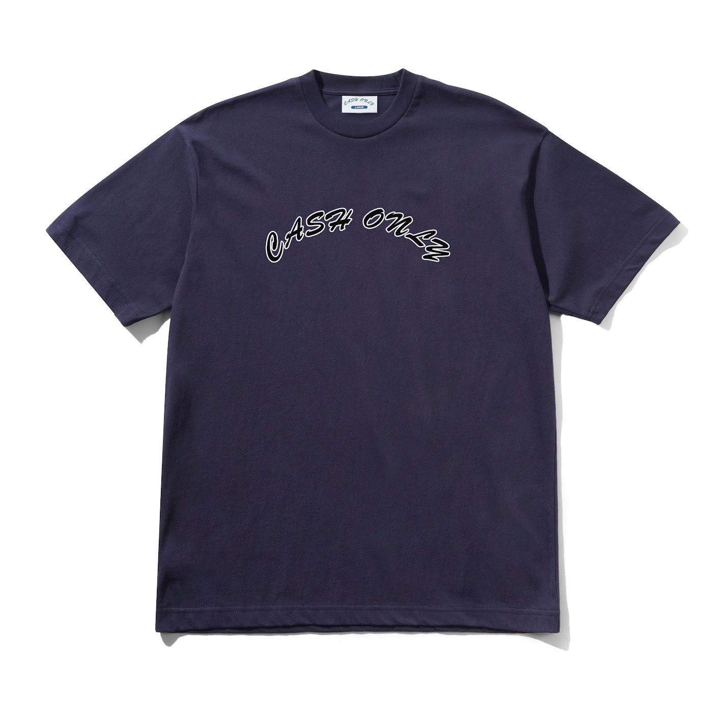 Navy blue t-shirt with white text on a white background