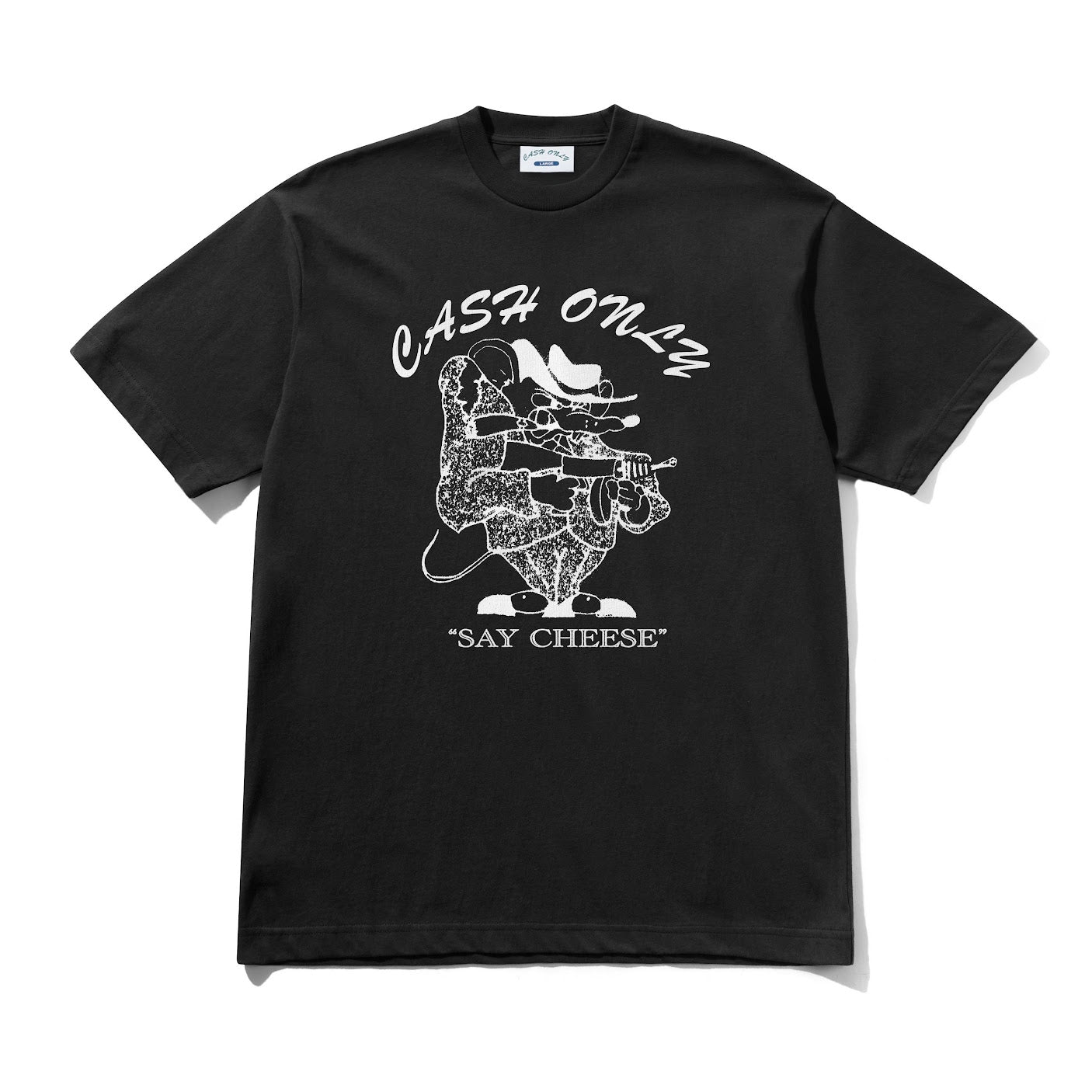 Black t-shirt with white graphic design and text on a white background