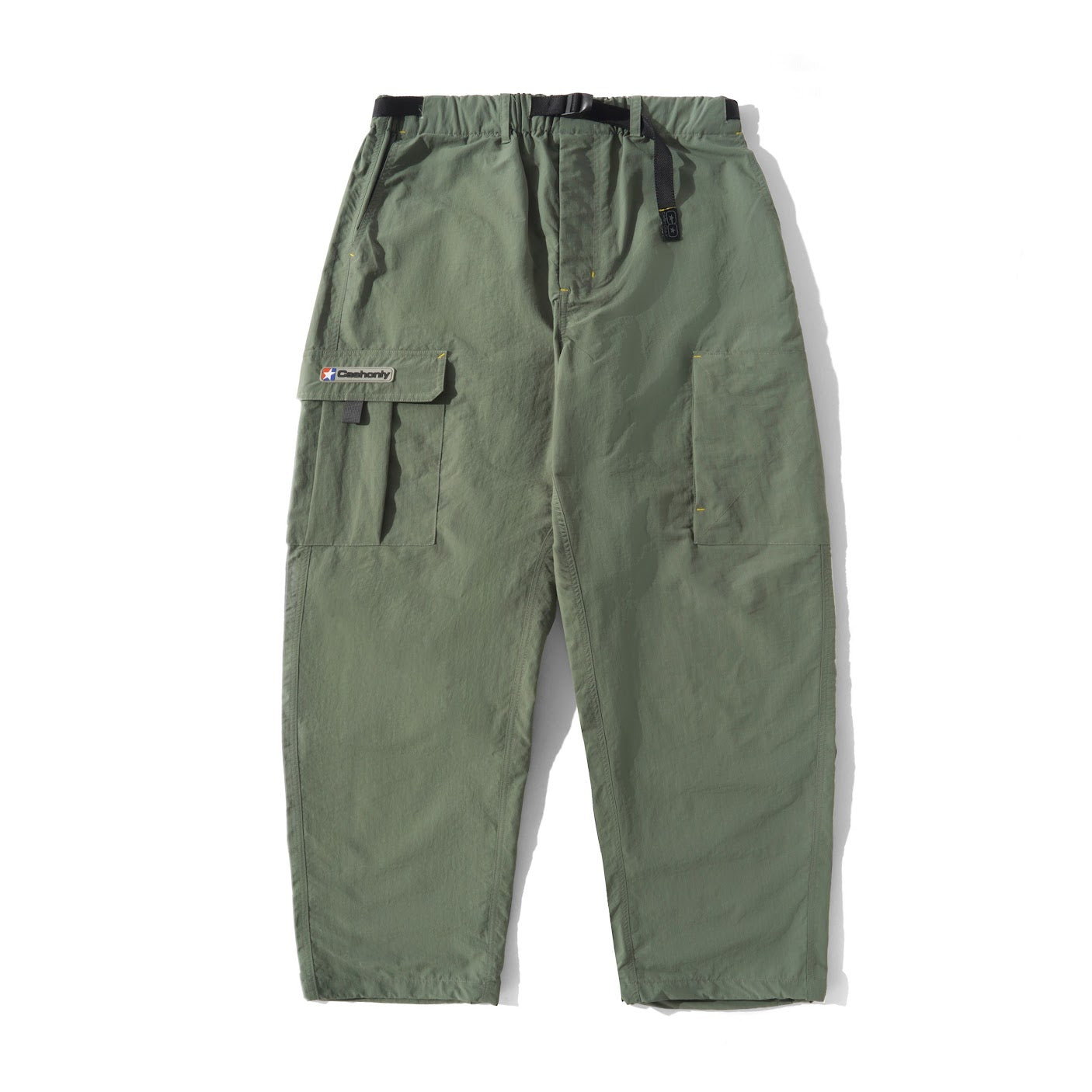 Green cargo pants with a brand logo on a white background