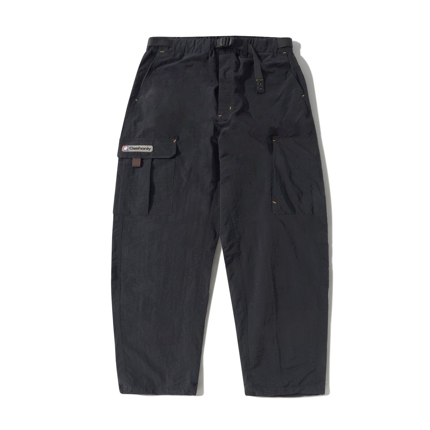 Black pants with a brand logo on a white background