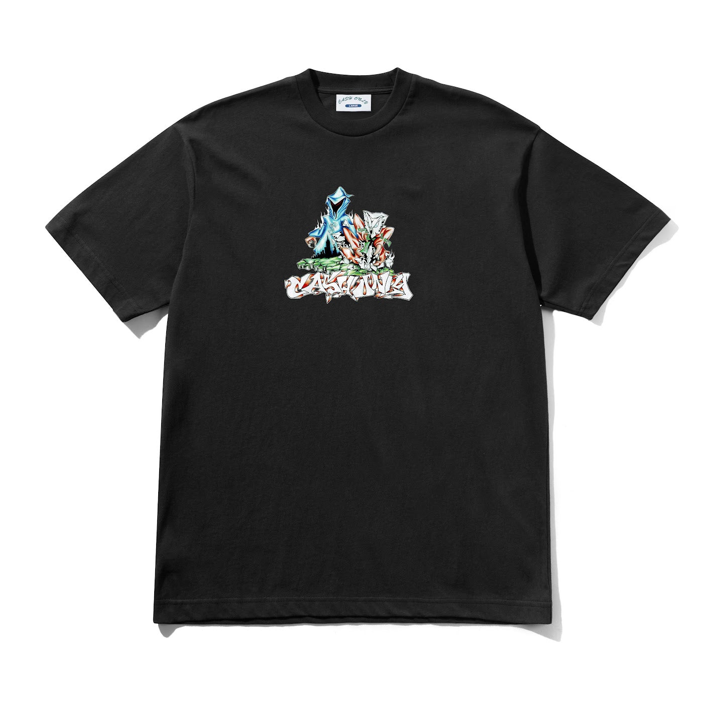 Black t-shirt with colorful graphic design on a white background
