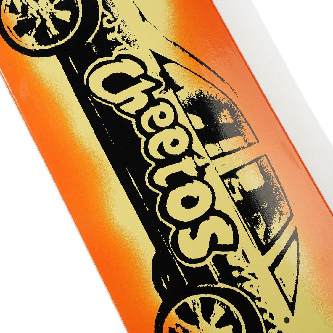 Close-up of a Cheerios cereal box with an orange and yellow gradient.