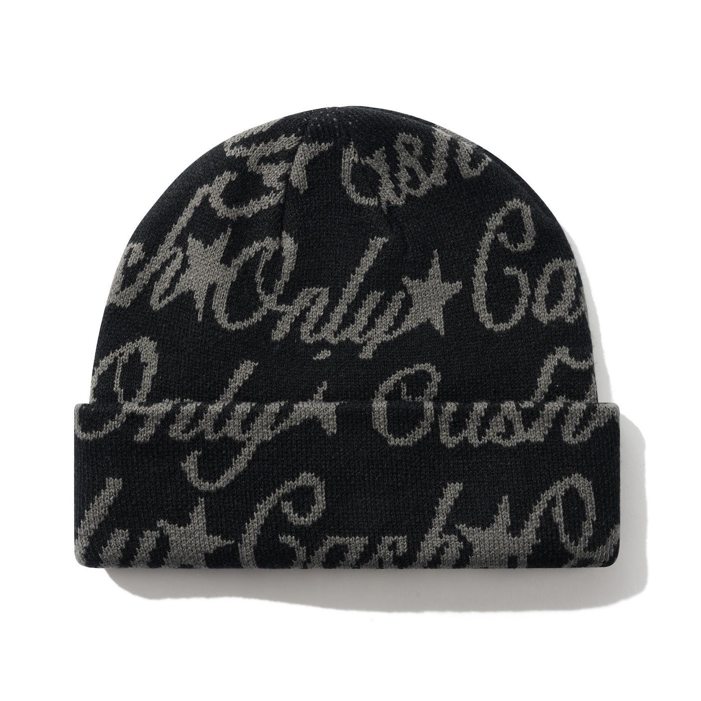 Black beanie with white text and star patterns on a white background