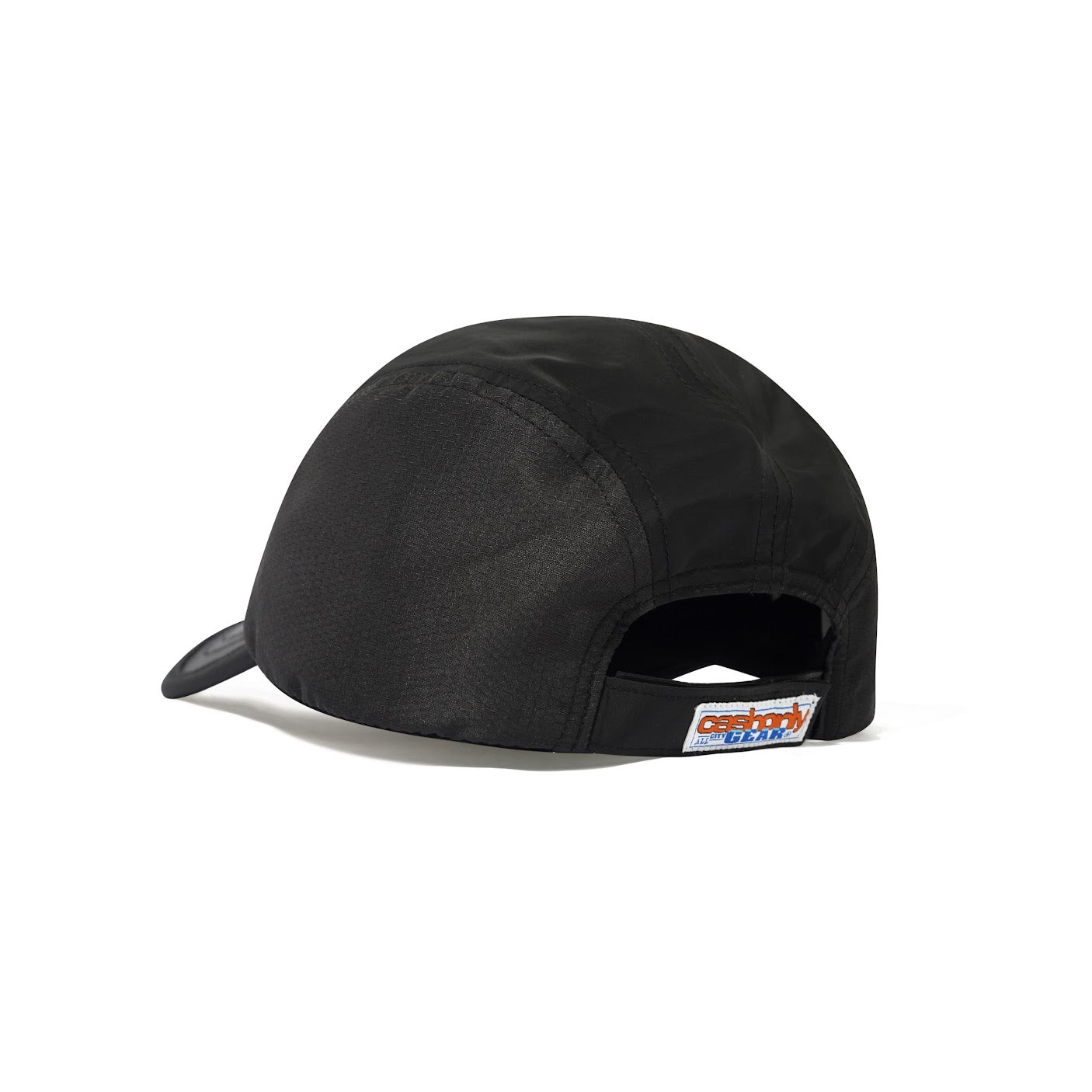 Black cap with a visible brand logo on a white background