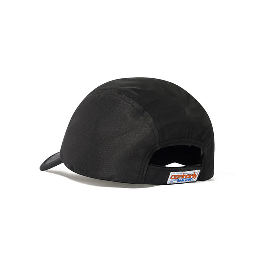 Black cap with a visible brand logo on a white background