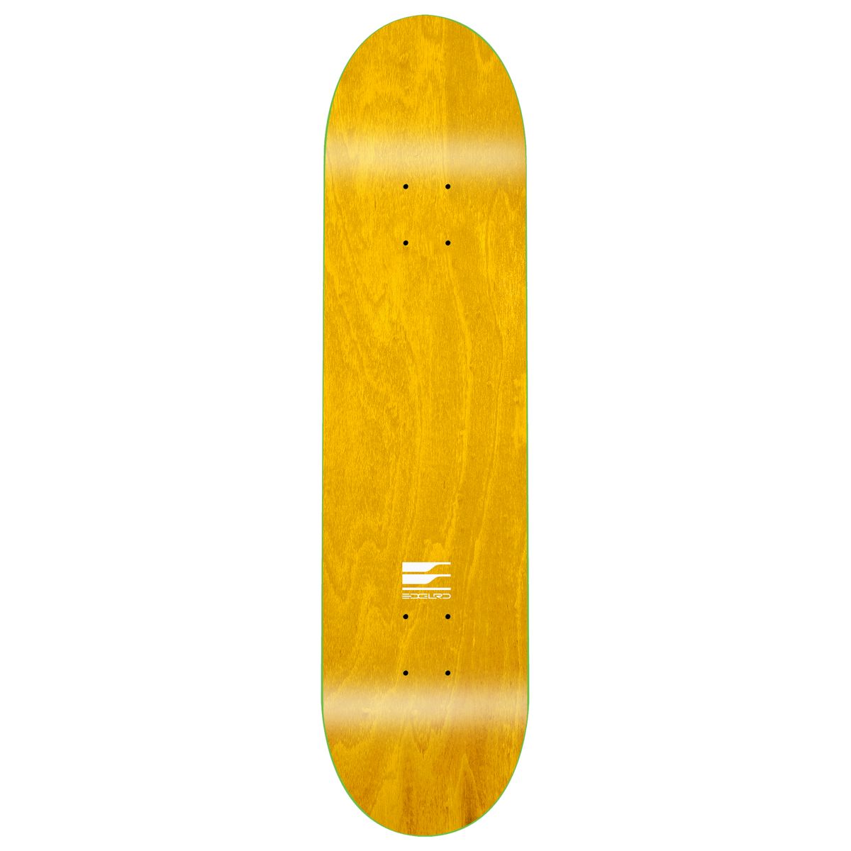 Yellow skateboard deck with a logo on a white background