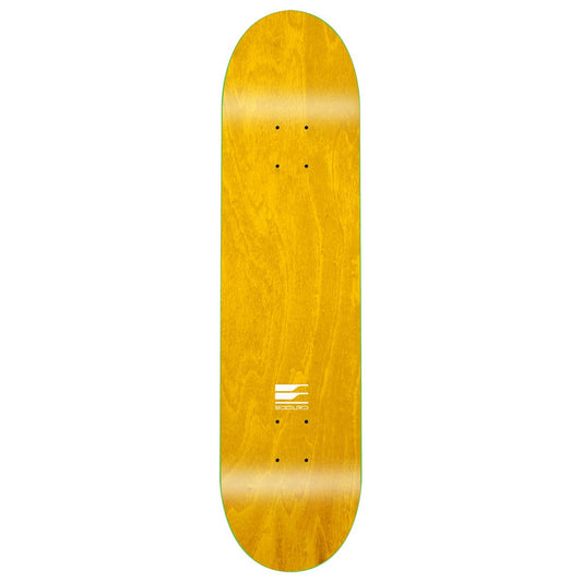 Yellow skateboard deck with a logo on a white background