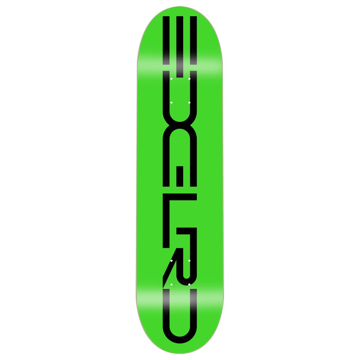 Green skateboard deck with black logo on a white background