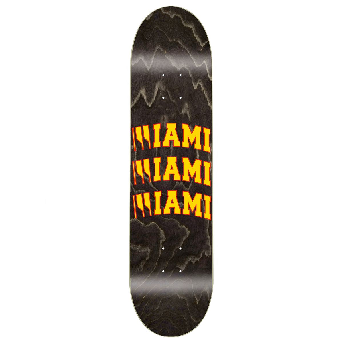 Skateboard deck with 'MIAMI' text in yellow on a black background