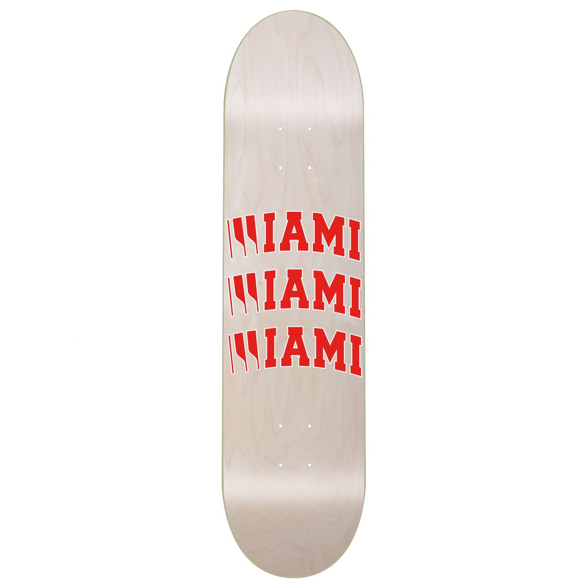 Skateboard deck with 'MIAMI' text in red on a white background