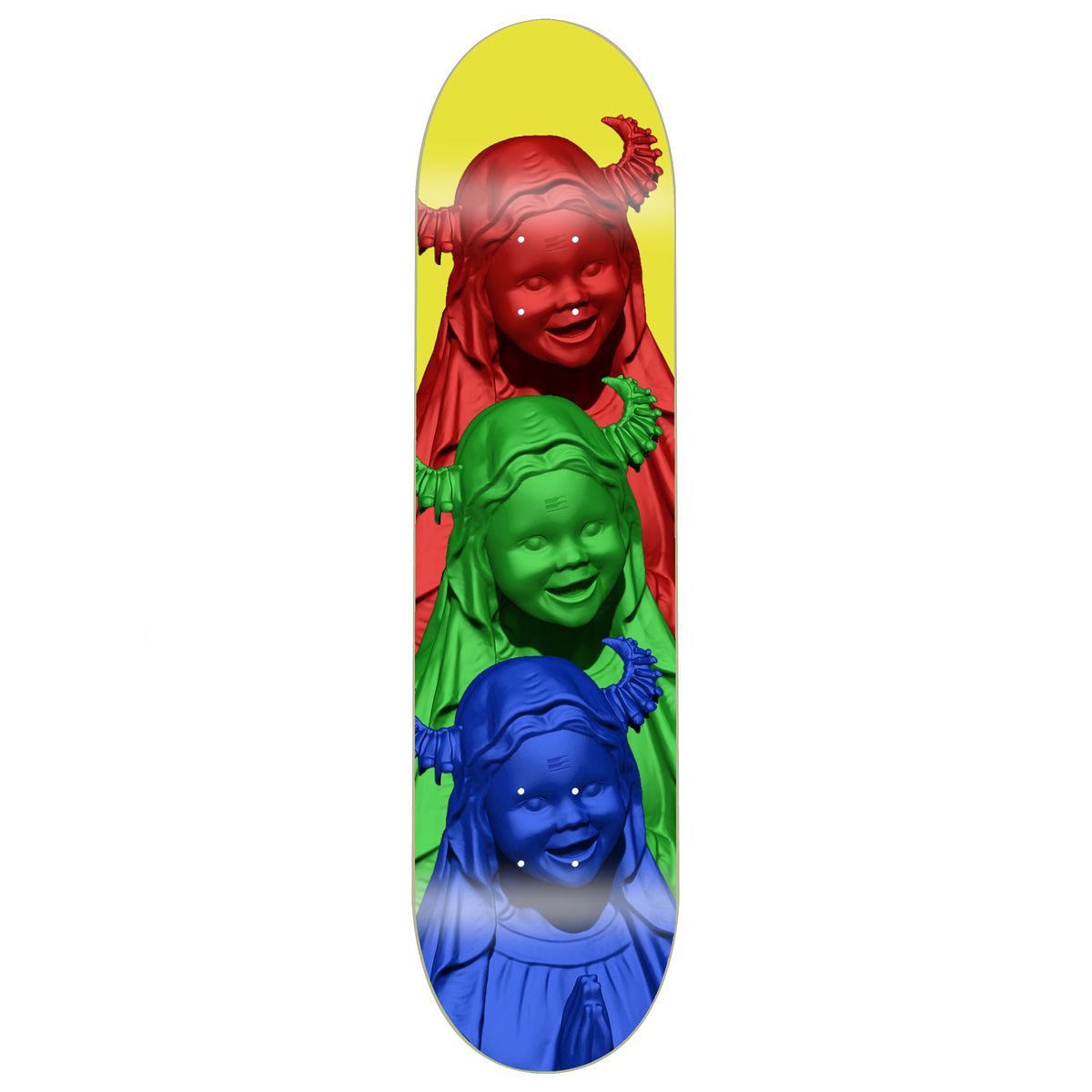 Skateboard deck with colorful depiction of three characters on a yellow background