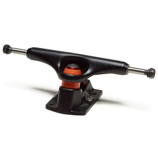 Black skateboard truck with orange bearings on a white background