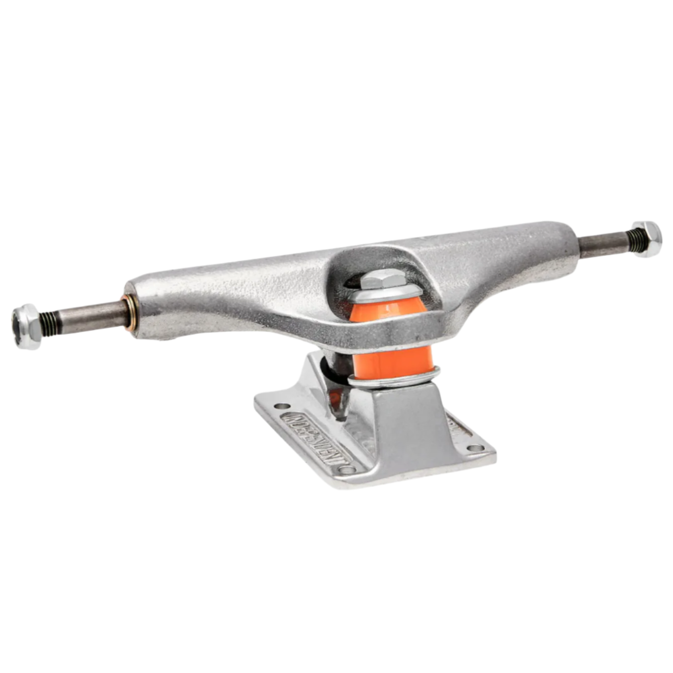 silver skateboard truck with orange bushing
