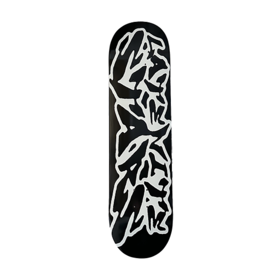Skateboard deck with black and white abstract design on a white background
