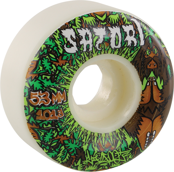 Skateboard wheel with colorful design and brand name on a white background