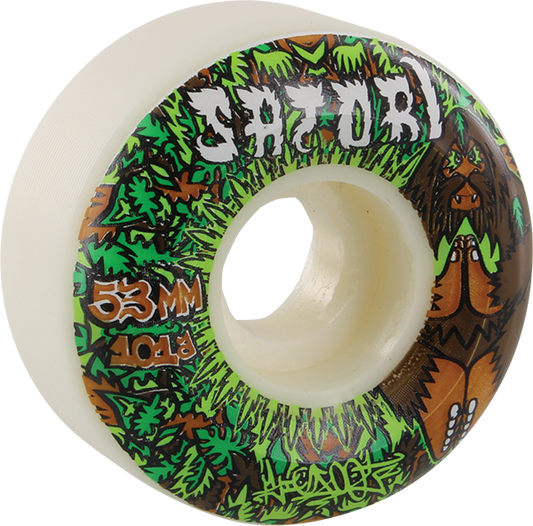 Skateboard wheel with colorful design and brand name on a white background