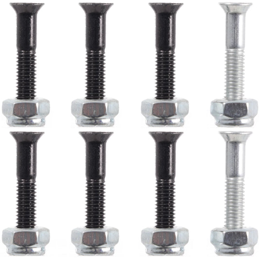 Set of six metal screws with hex nuts on a white background