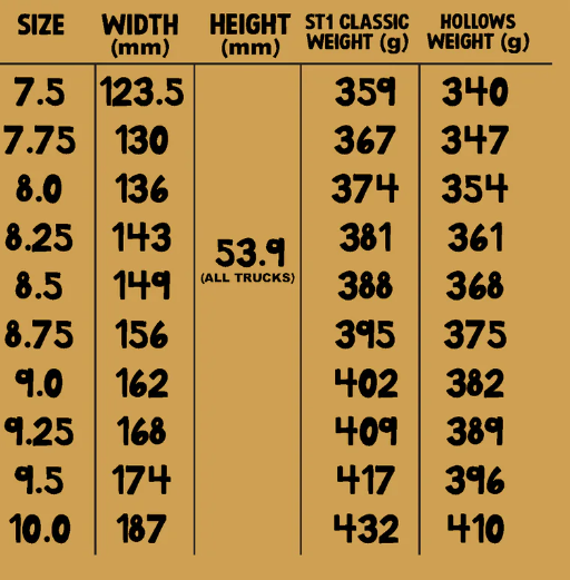 Chart showing dimensions and weights of different sizes on a brown background