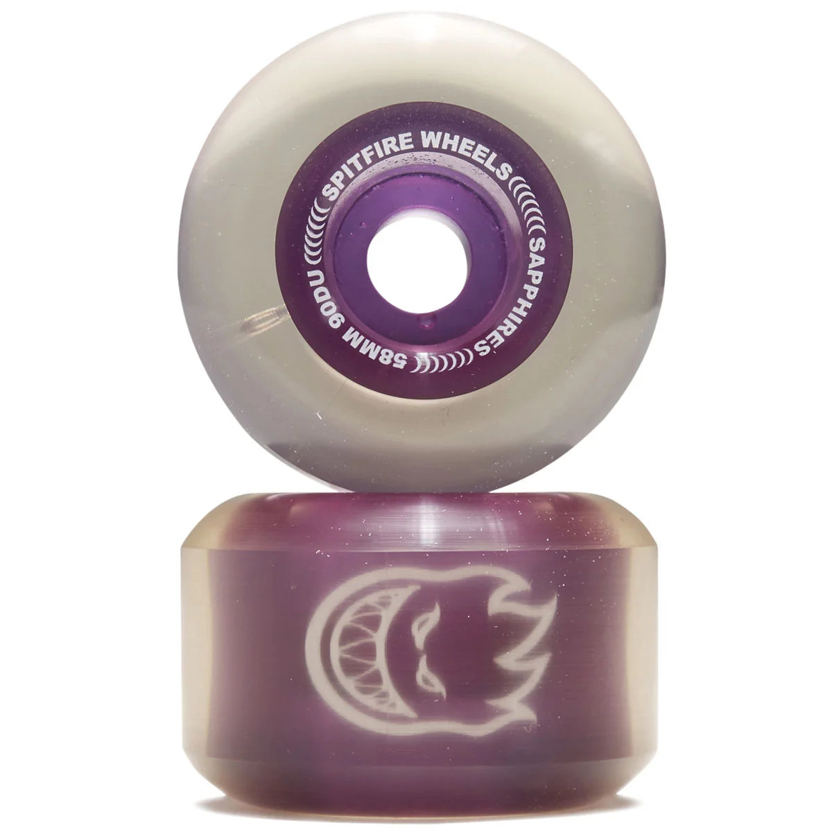 A pair of Spitfire Wheels skateboard wheels stacked vertically. The top wheel shows the purple inner core with white text reading 'SPITFIRE WHEELS' and 'SAPPHIRES 55MM 9A'.