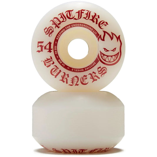 Two Spitfire Burners skateboard wheels with red text on a white background
