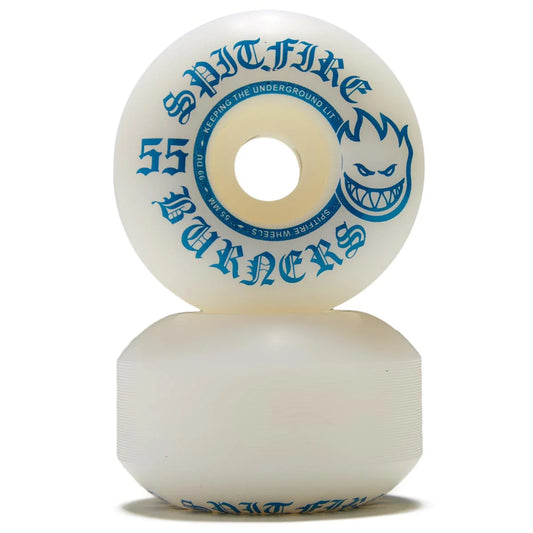 Two Spitfire skateboard wheels with blue text on a white background