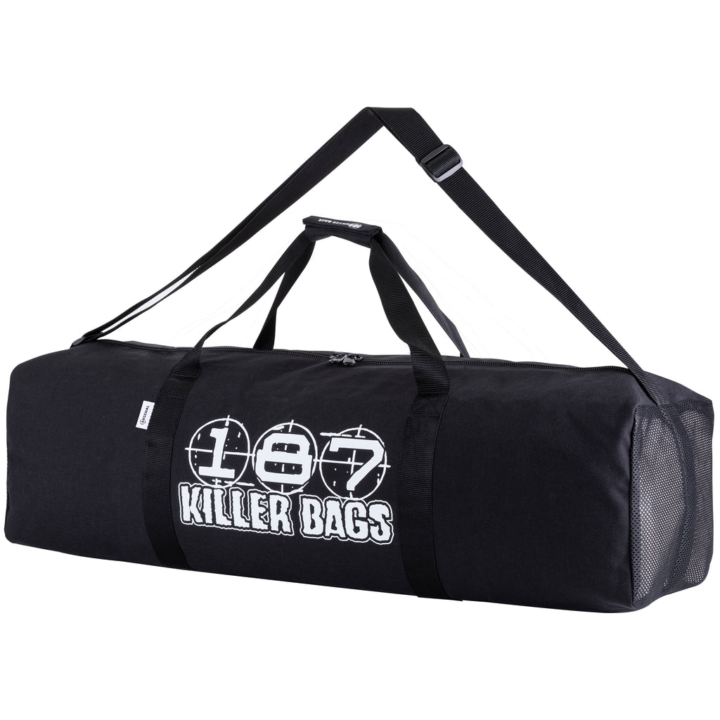 Black duffel bag with '187 Killer Bags' logo on a white background
