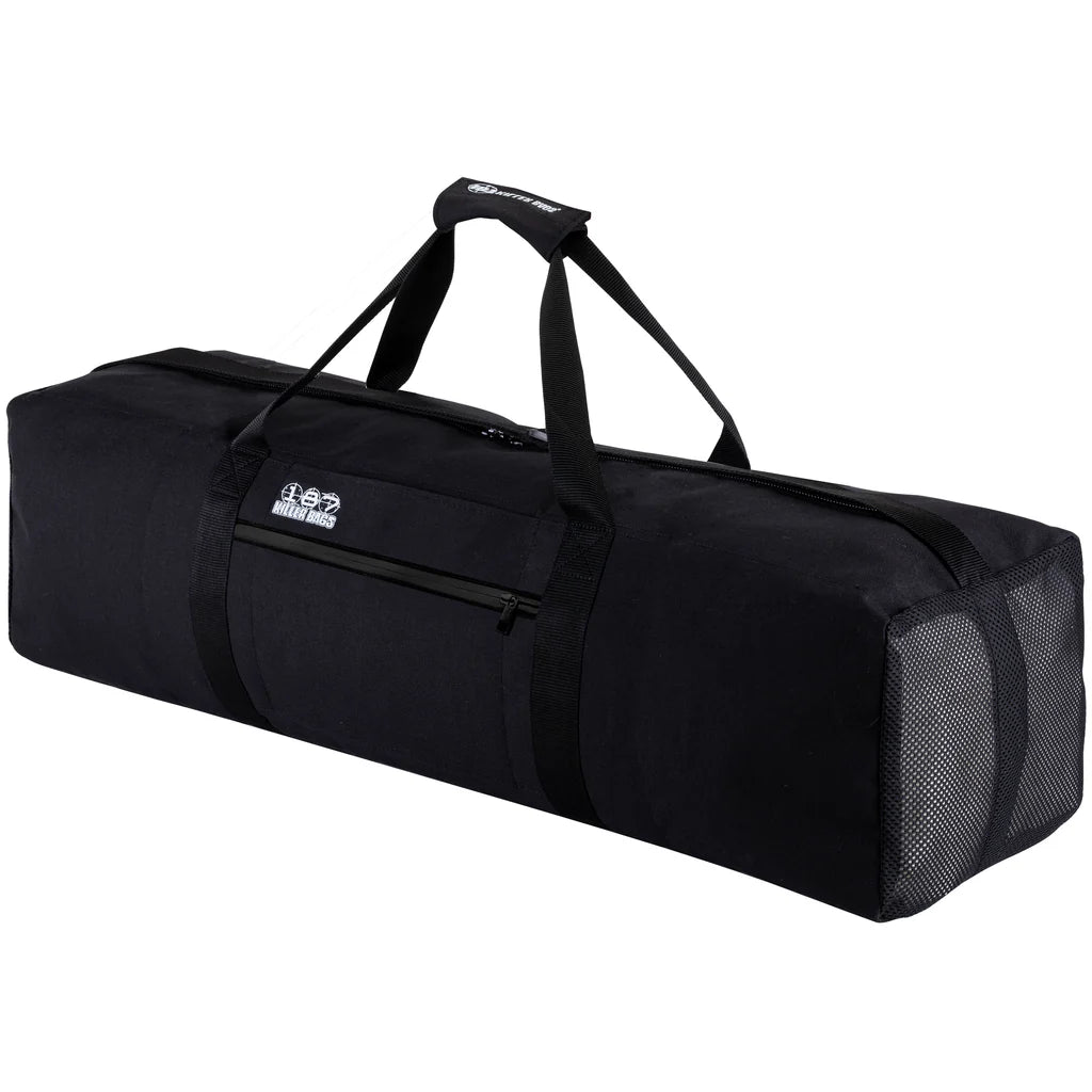 Black duffel bag with mesh side on a white background