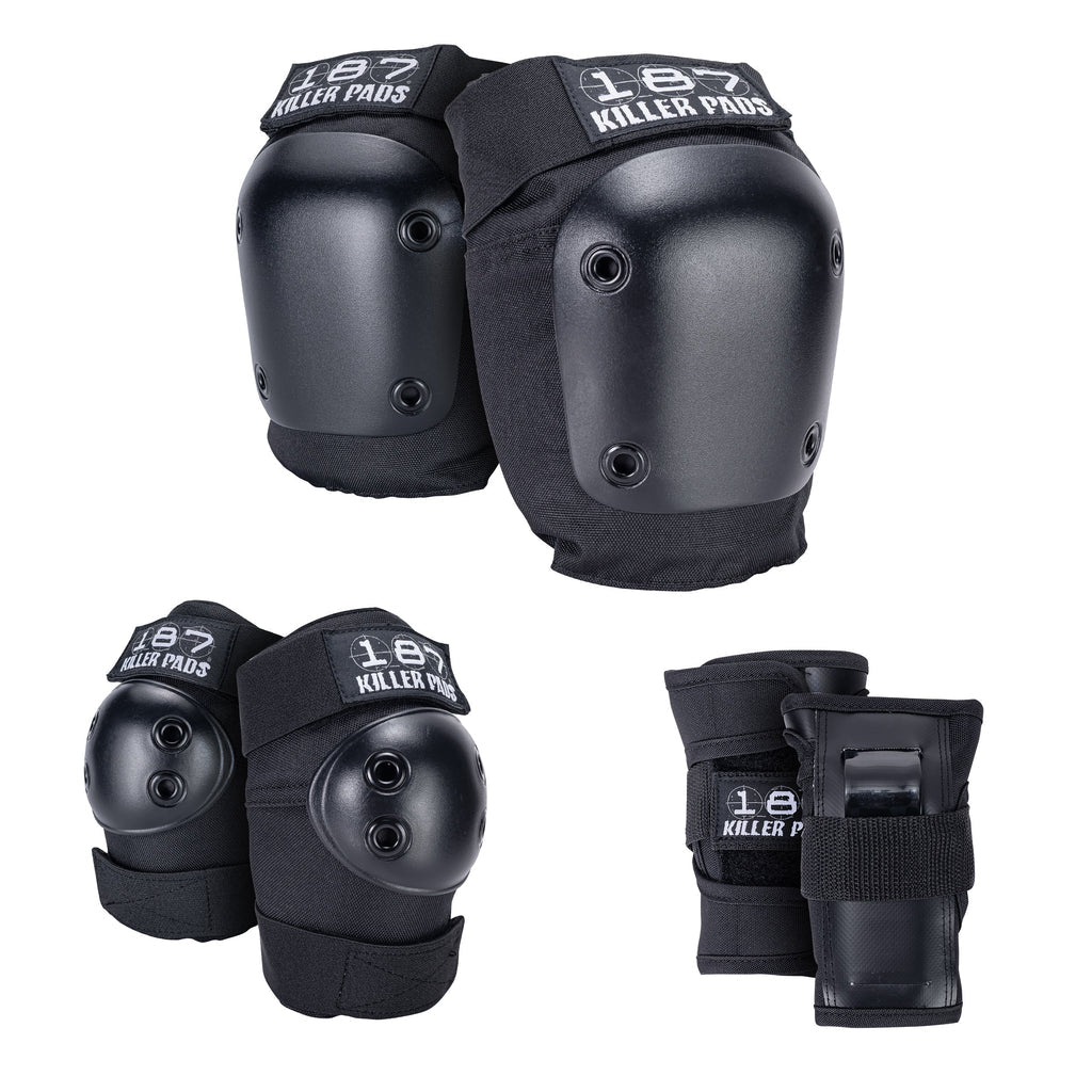 Black protective gear set with '187 Killer Pads' branding on a white background
