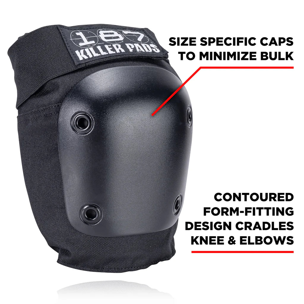 Black knee pad with text highlighting features on a white background