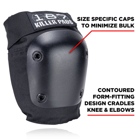 Black knee pad with text highlighting features on a white background
