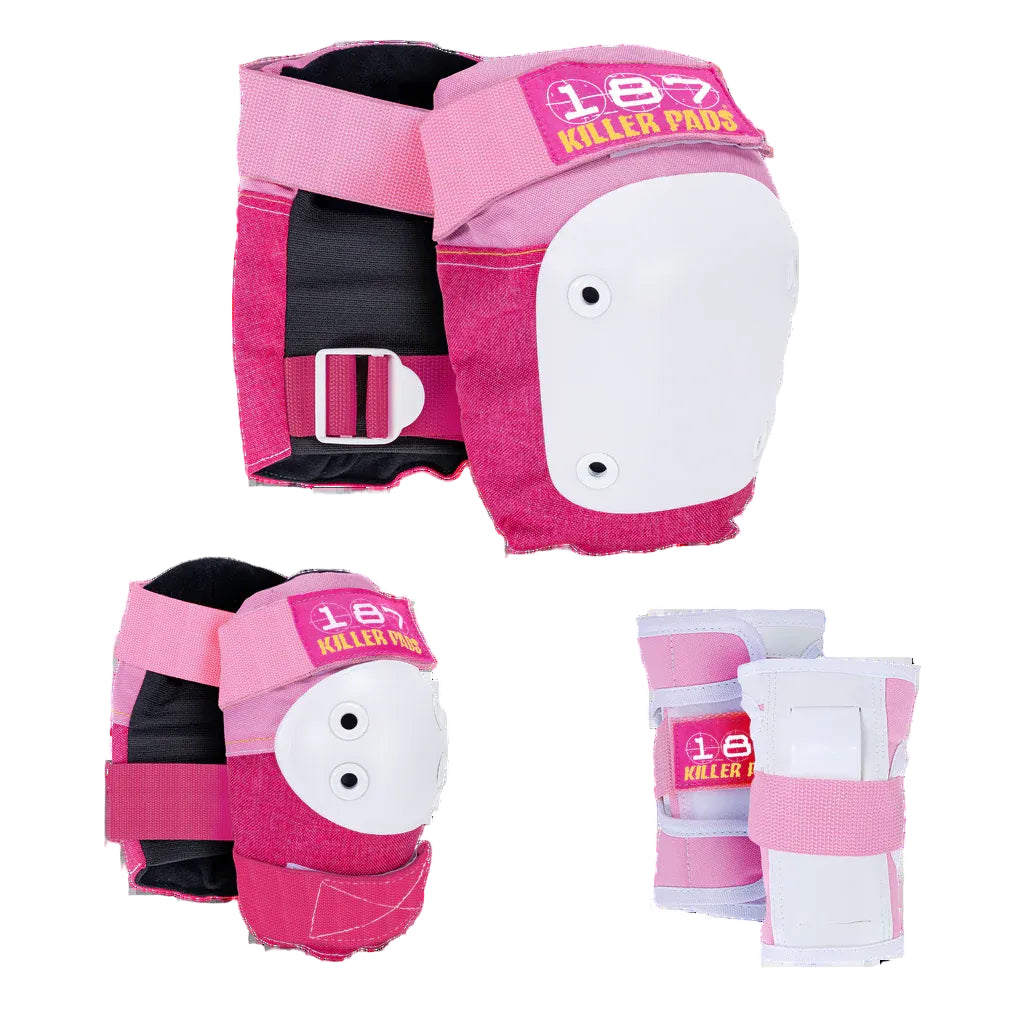 Pink and white protective gear set with '187' branding on a white background