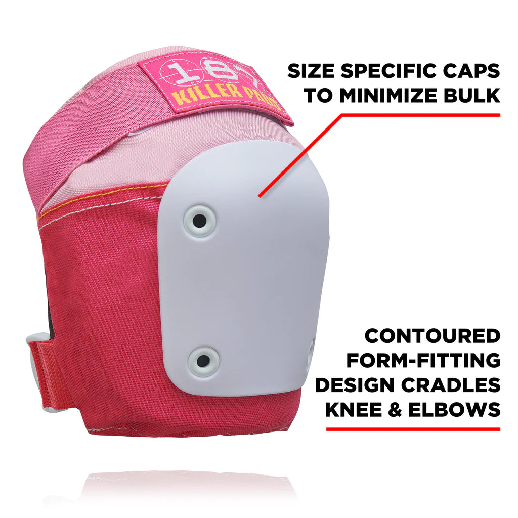 Pink and white knee pad with text highlighting features on a white background
