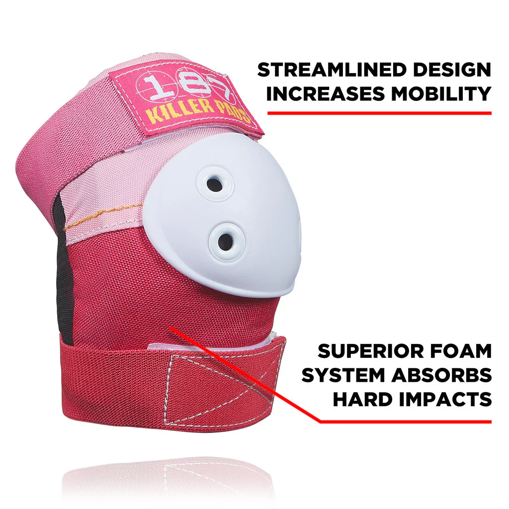 Pink knee pad with text highlighting design and impact absorption features on a white background