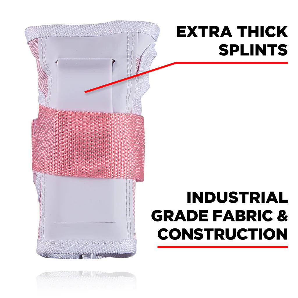 White protective gear with pink strap labeled 'Extra Thick Splints' and 'Industrial Grade Fabric & Construction'.
