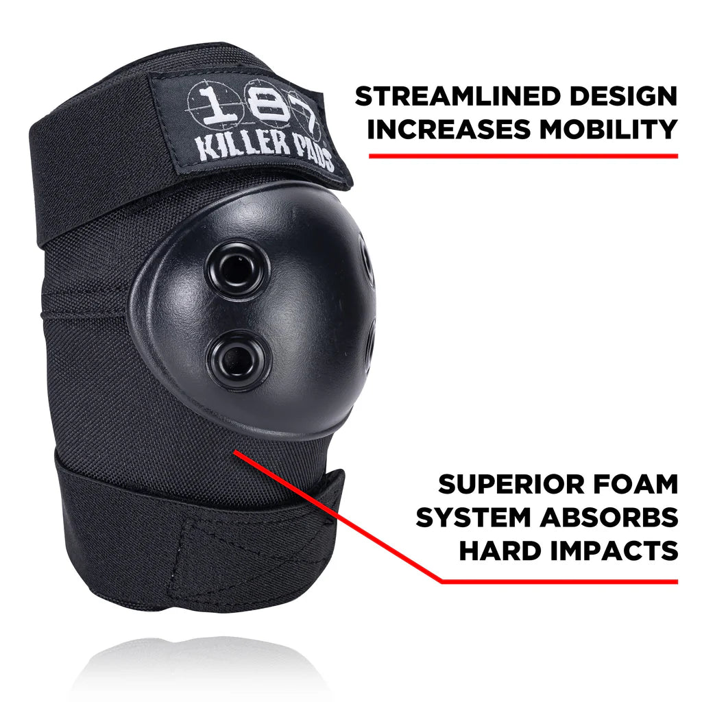 Black elbow pad with '187 Killer Pads' branding on a white background, highlighting design features.