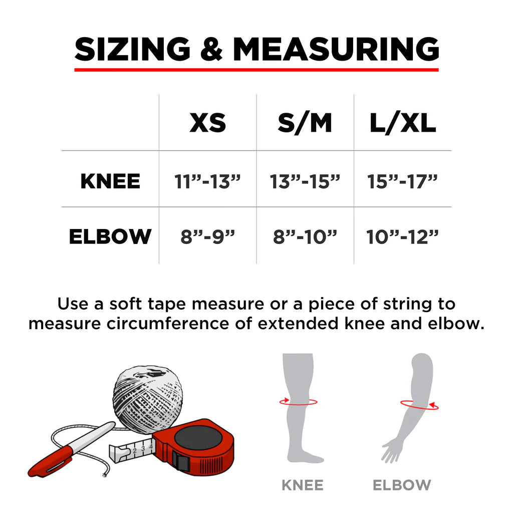 Sizing and measuring chart for knee and elbow circumference with illustrations and text.