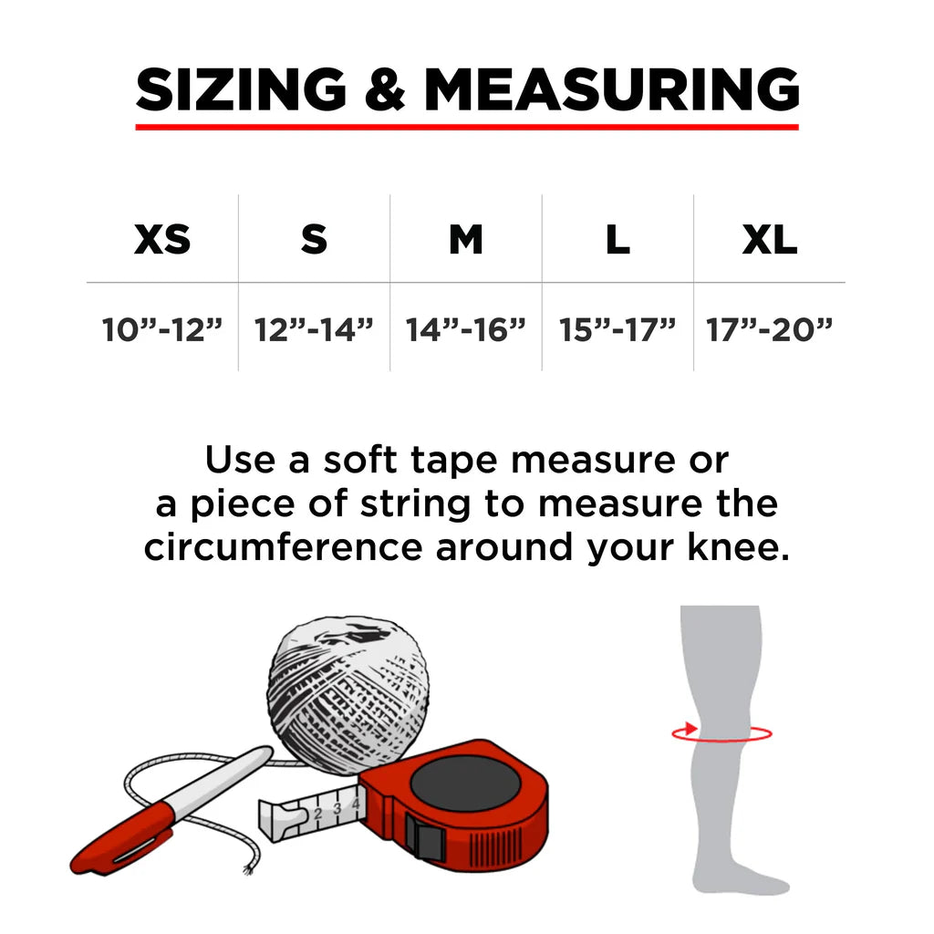 Measurement chart for knee pads with a soft tape measure and string illustration.