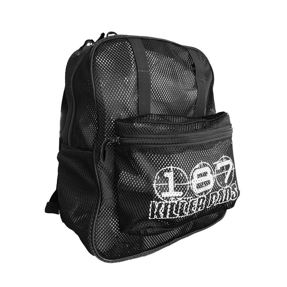 Black mesh backpack with a logo on a white background