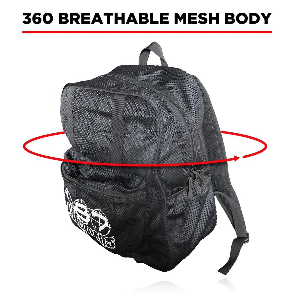 Black backpack with mesh body feature highlighted on a white background