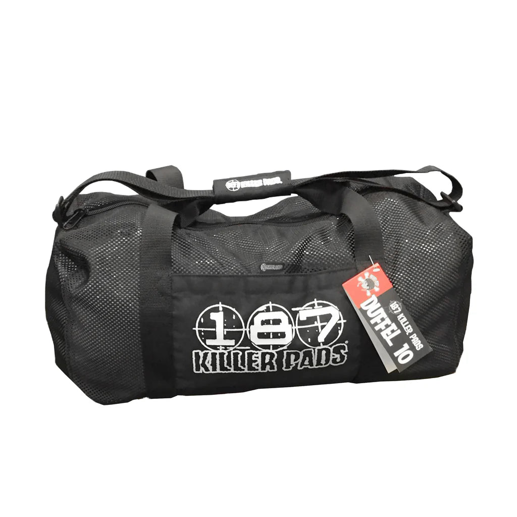 Black duffel bag with '187 Killer Pads' branding on a white background