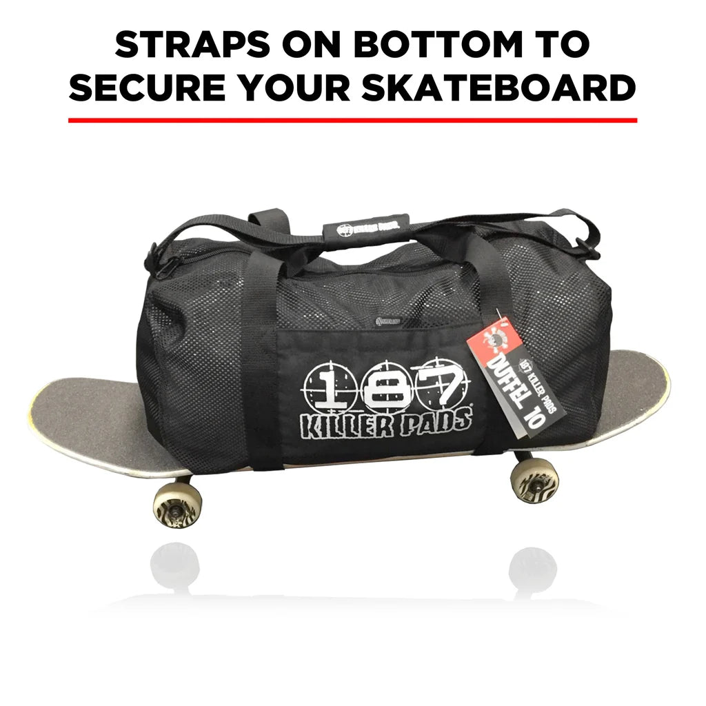 Black duffel bag with straps on a skateboard, featuring 'Killer Pads' branding.