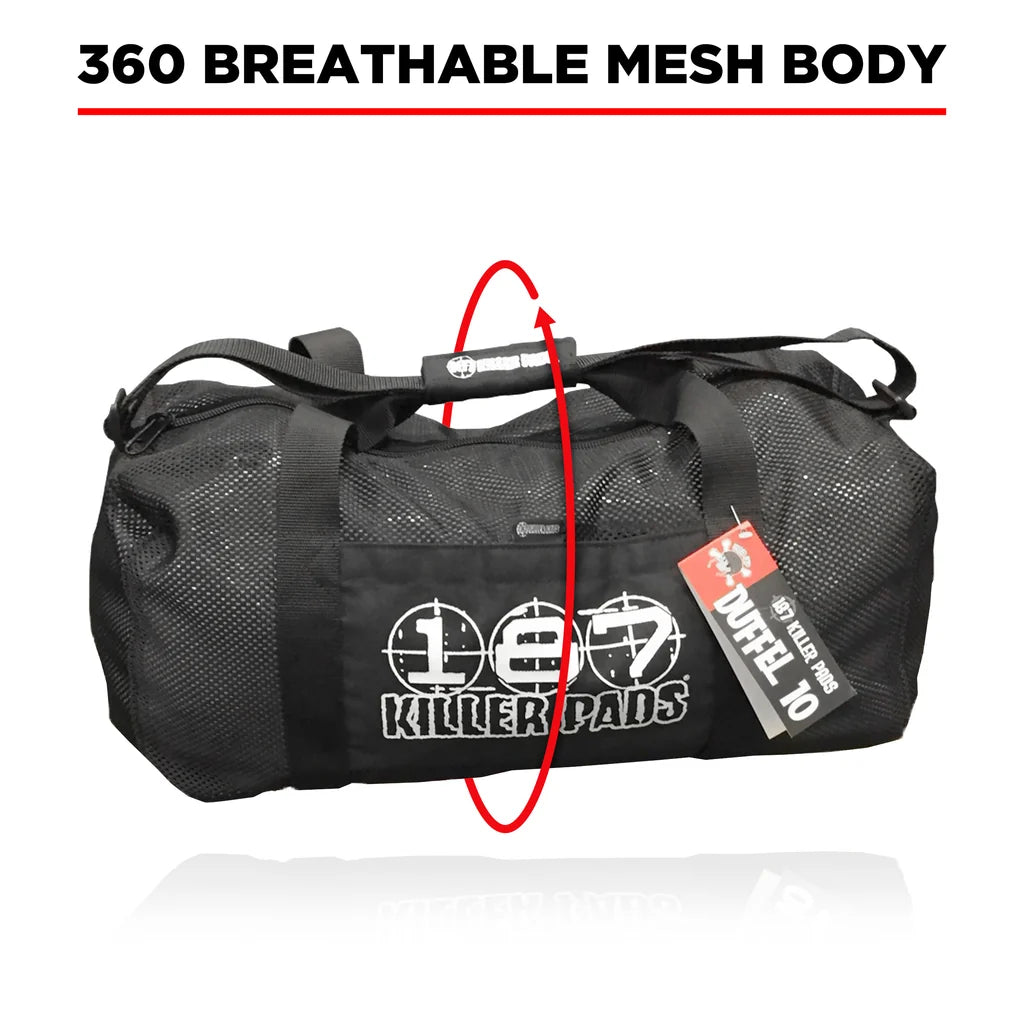 Black duffel bag with 'Killer Pads' branding on a white background