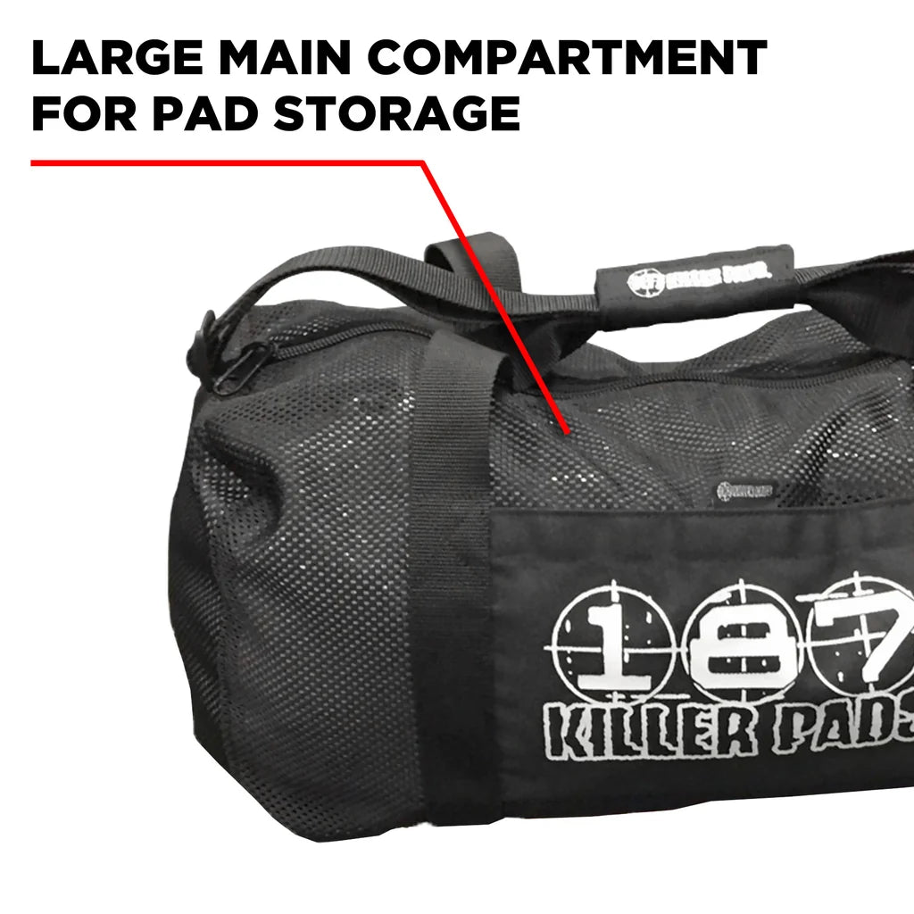 Black duffel bag with '197 Killer Pads' branding and text highlighting a large main compartment for pad storage.