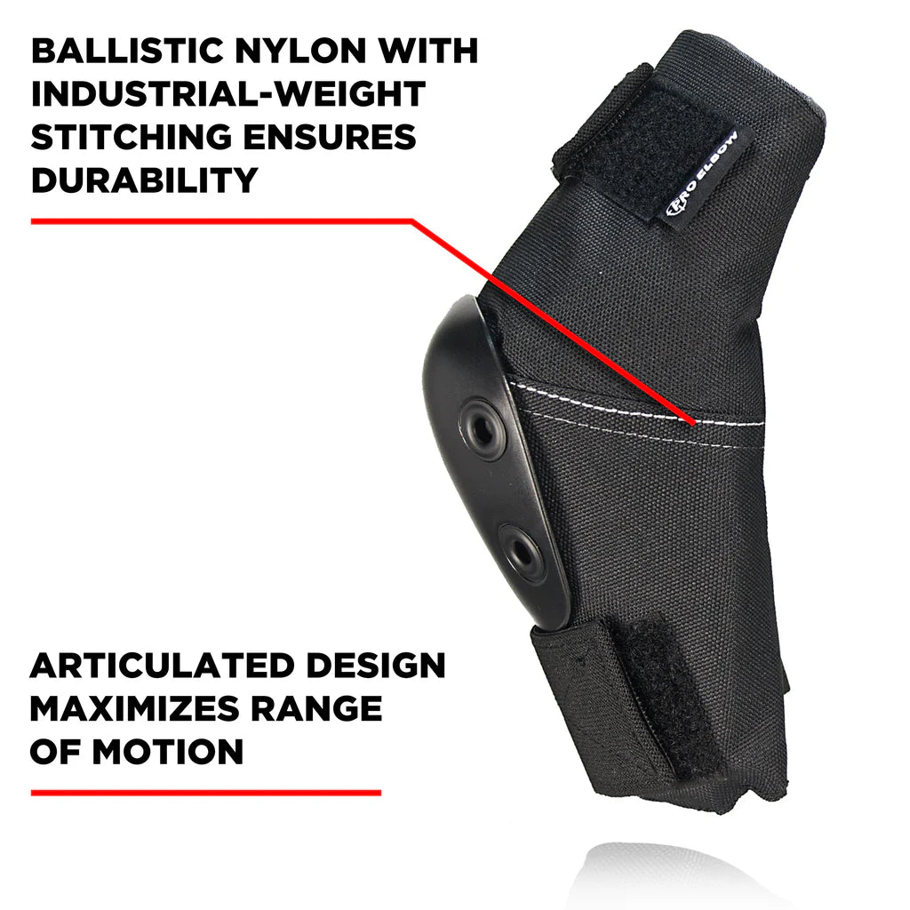 Black elbow pad with text highlighting durability and range of motion on a white background